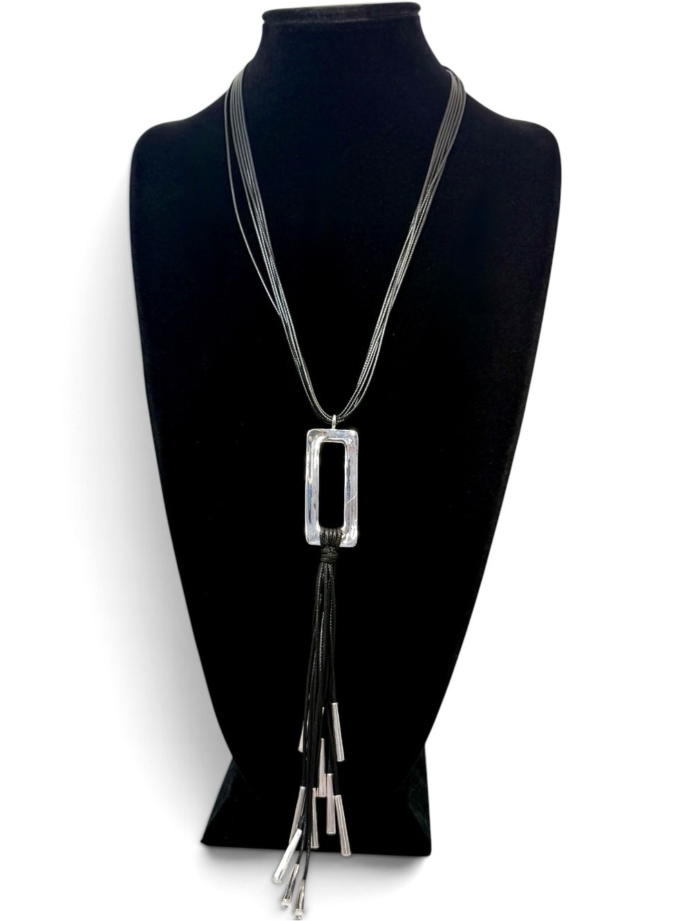Chico’s Black Cord Silver Tassel Statement Necklace 36” NWT